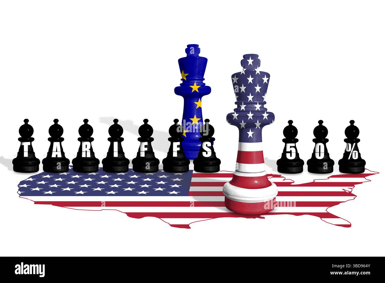 Schach aus USA- und EU-Flaggen. Handel, Zölle, Zölle und Zölle zwischen DEN USA und der EU Stockfoto