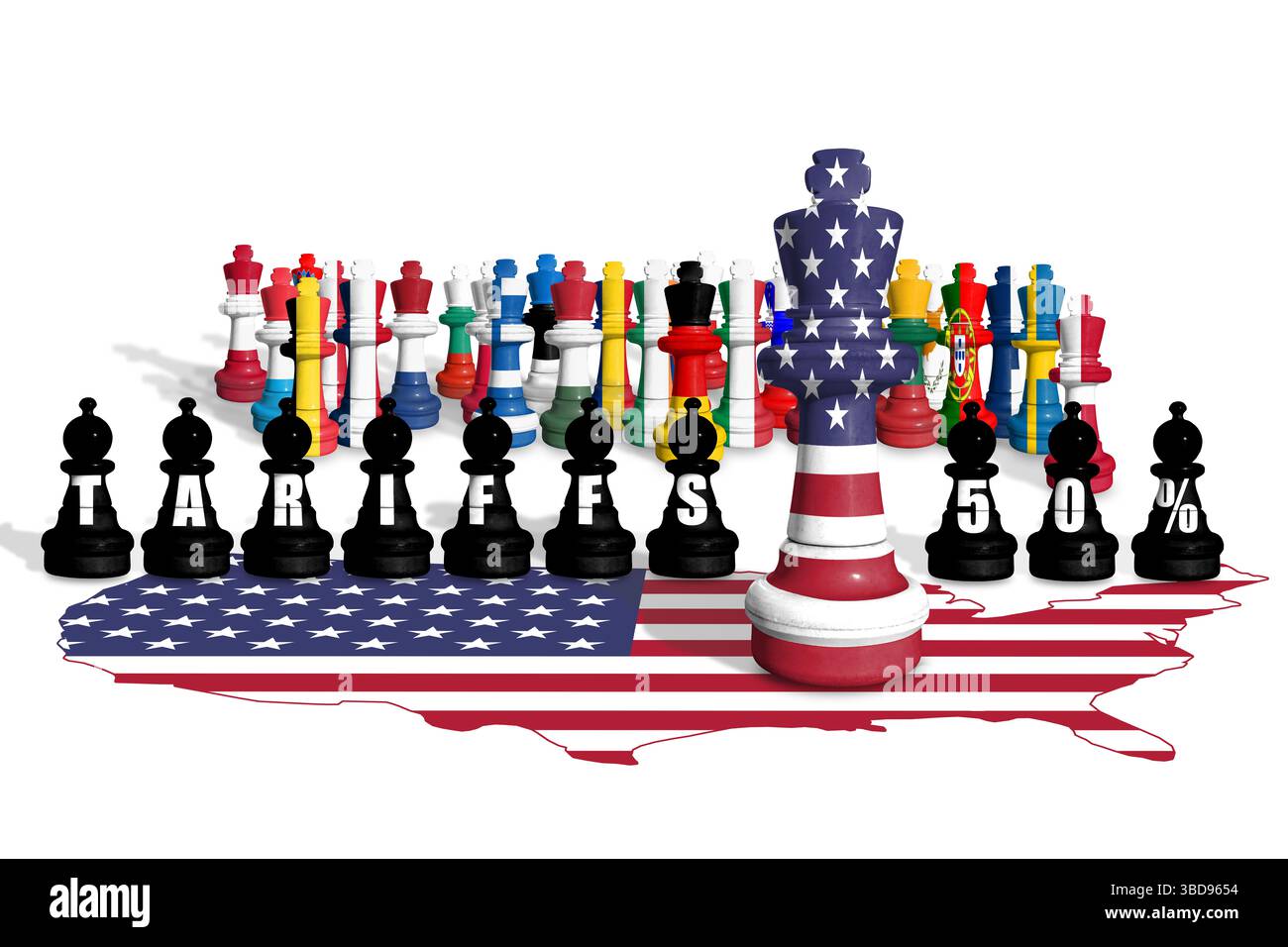 Schach aus den USA und EU-Mitgliedsflaggen. Handel, Zölle, Zölle und Zölle zwischen DEN USA und der EU Stockfoto