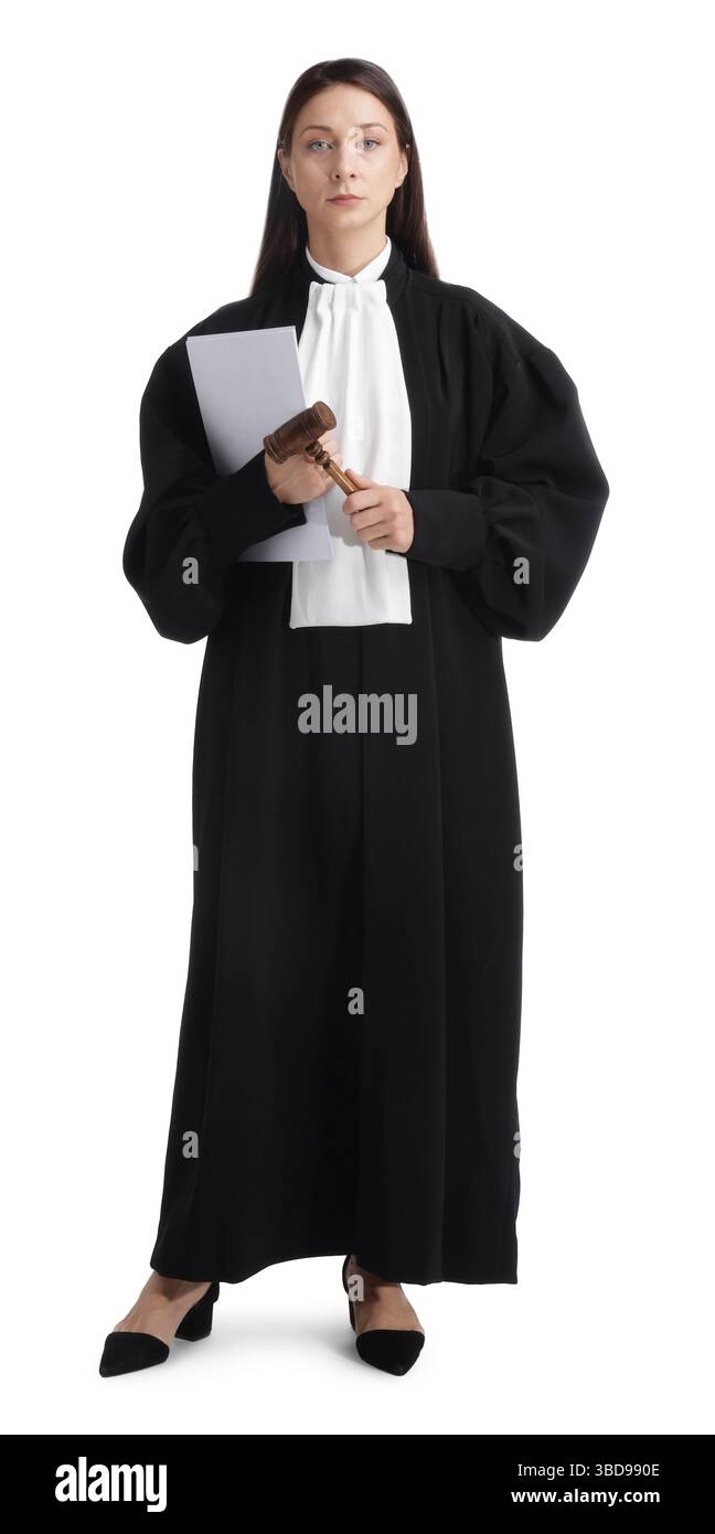 Richter mit Hammer und Dokumenten auf weißem Hintergrund Stockfoto