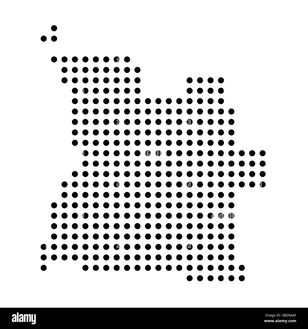 Gepunktete Landkarte Angola. Abbildung mit schwarzen Pixeln isoliert auf weißem Hintergrund. Vektorkreis Mosaik. Stock Vektor