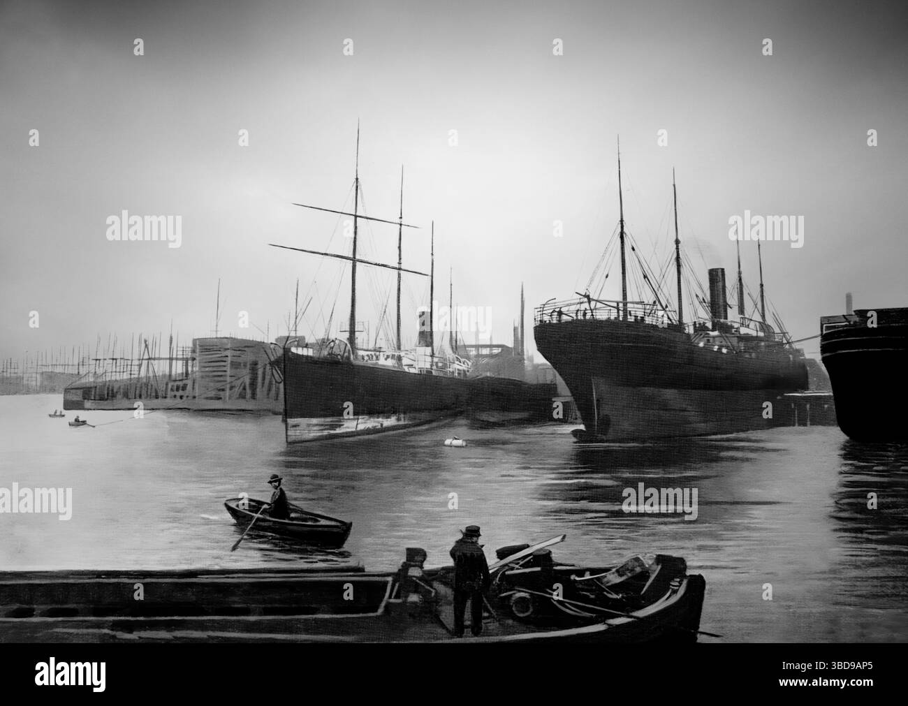 Eine Ansicht der Harland & Wolff Werft aus dem späten 19. Jahrhundert, die 1861 von Edward James Harland (1831–95) und dem 1834-jährigen Hamburger Gustav Wilhelm Wolff (1913–14) gegründet wurde. 1858 kaufte Harland, der damalige General Manager, die kleine Werft auf Queen's Island von seinem Arbeitgeber Robert Hickson. Das Hotel liegt in Belfast, der Hauptstadt und größten Stadt Nordirlands, am Ufer des Flusses Lagan an der Ostküste. Zu den bekannten Schiffen, die von der Werft gebaut wurden, gehören das Trio der Olympischen Klasse: RMS Titanic, RMS Olympic und RMS Britannic. Stockfoto