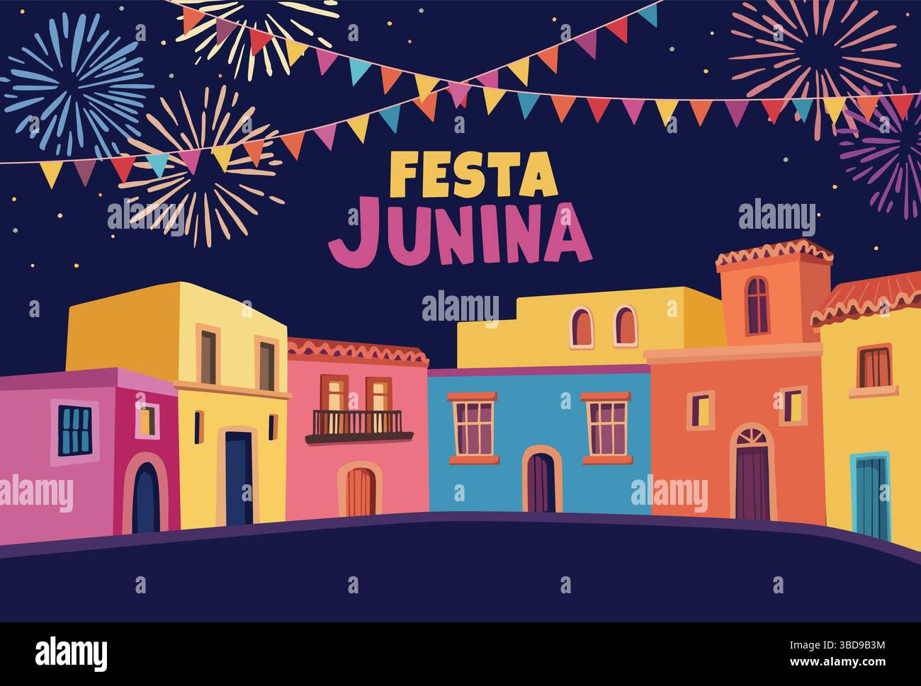 Festa Junina, brasilianische juni-Party-Grußkarte, Einladung. Sao Joao lateinamerikanischer Urlaub. Bunte Fahnen, bunte Häuser und Feuerwerk. Vektor Stock Vektor