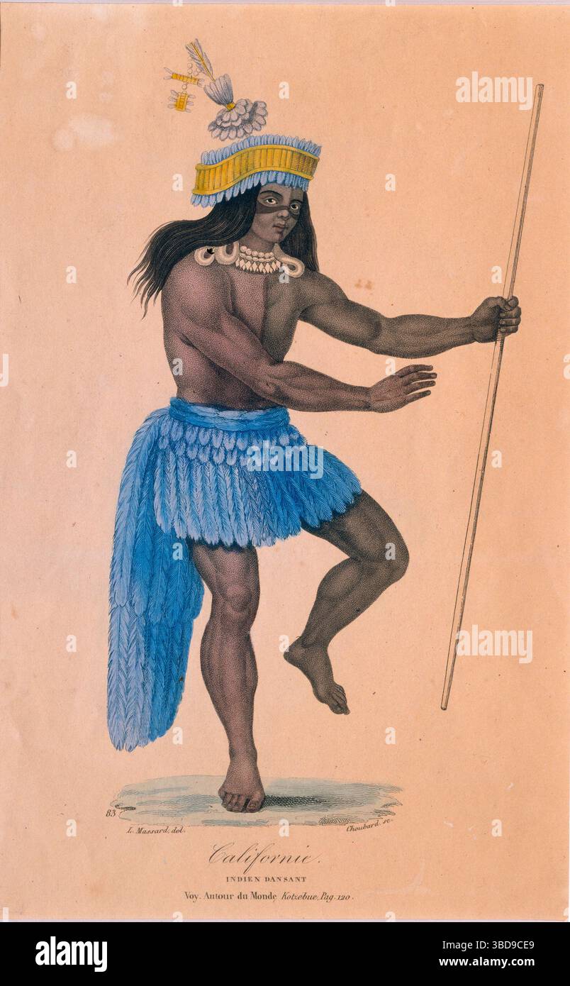 Ohlone-Tänzer von Leopold Massard Vintage-Illustration aus den Reisen von Otto von Kotzebue, 1800er Jahre Stockfoto
