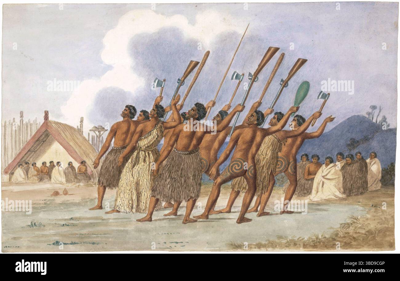 War Dance, Neuseeland, Vintage Artwork von Joseph Jenner Merrett, um 1845 Stockfoto