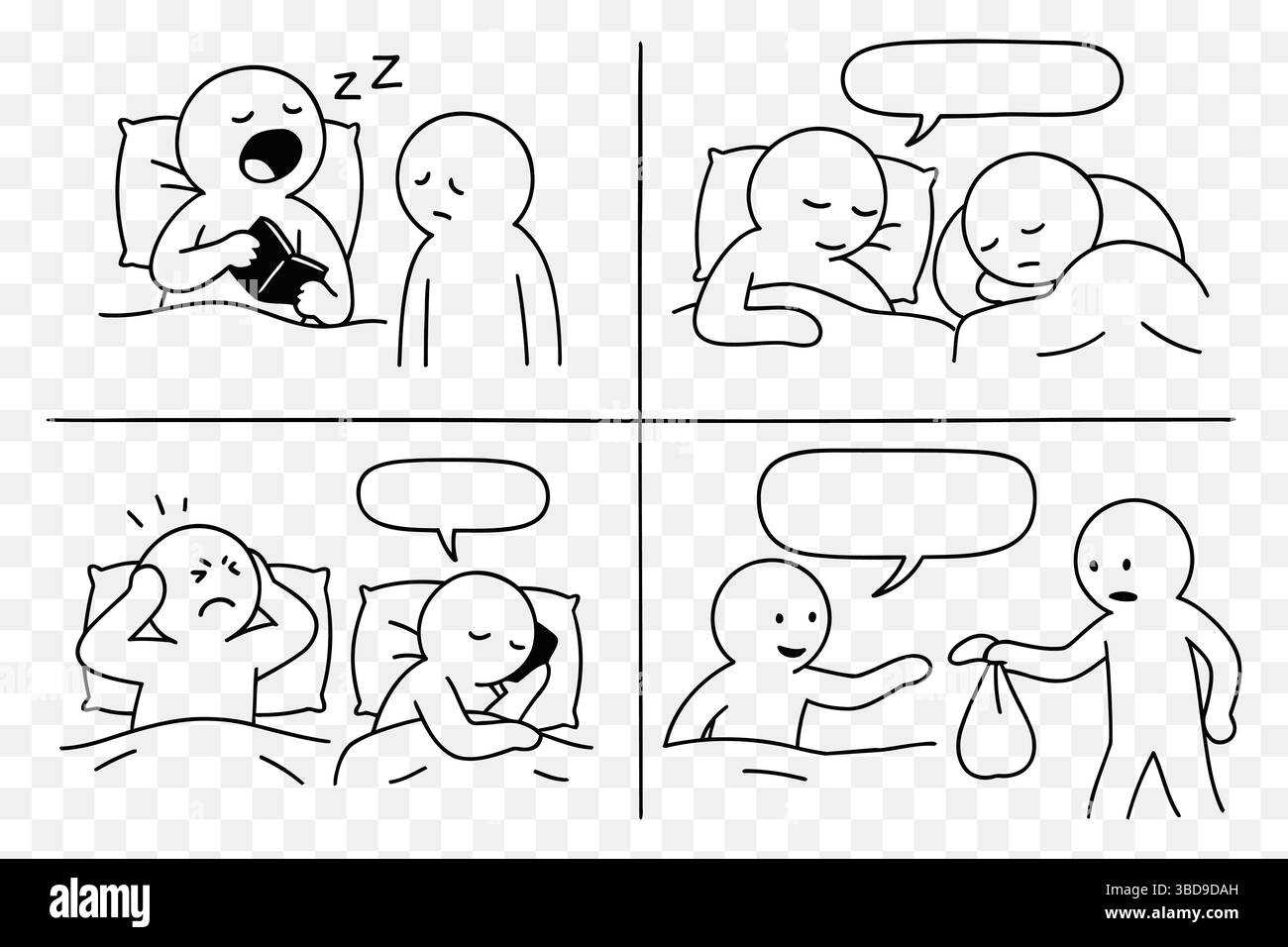 Bearbeitbarer Comic mit lustigen Schlafenszenen – 4-Panel-Doodle mit Schlafunterhaltung Stock Vektor