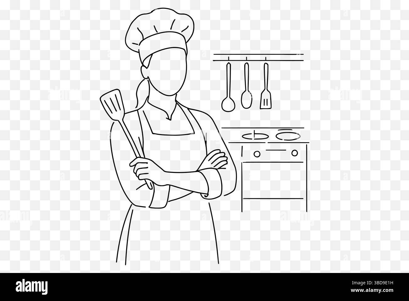 Minimalistische weibliche Küchenkunst – gesichtsloser Koch mit Spatel in der Küche Stock Vektor