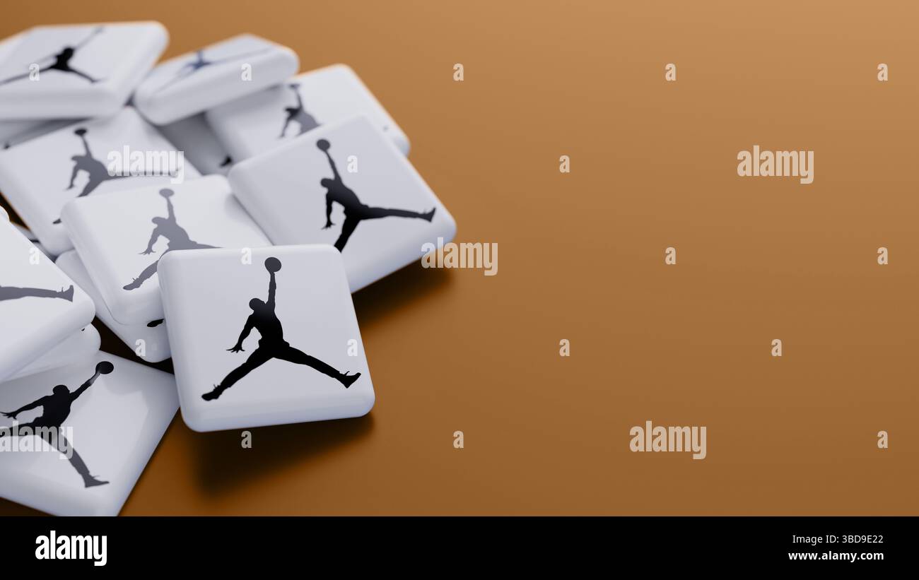 Nahaufnahme des Air Jordan Streetwear Logos auf einem Stapel auf braunem Hintergrund mit Kopierraum als Kopfzeile für Webbanner Stockfoto