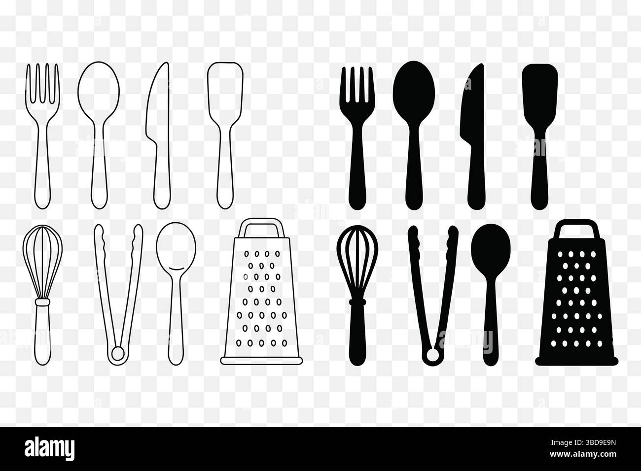 Küchenutensilien Icon Set – minimalistische Linie und solide Kochwerkzeuge Vektor Stock Vektor