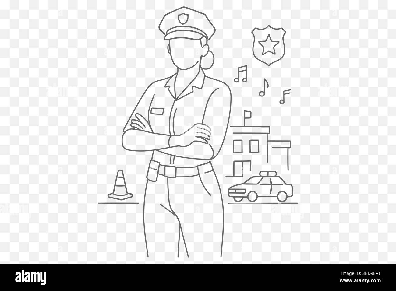 Weibliche Polizeibeamte Line Art – gesichtslose Frau in Uniform mit Patrouille Auto & Station – minimalistische Vektor-Illustration Stock Vektor