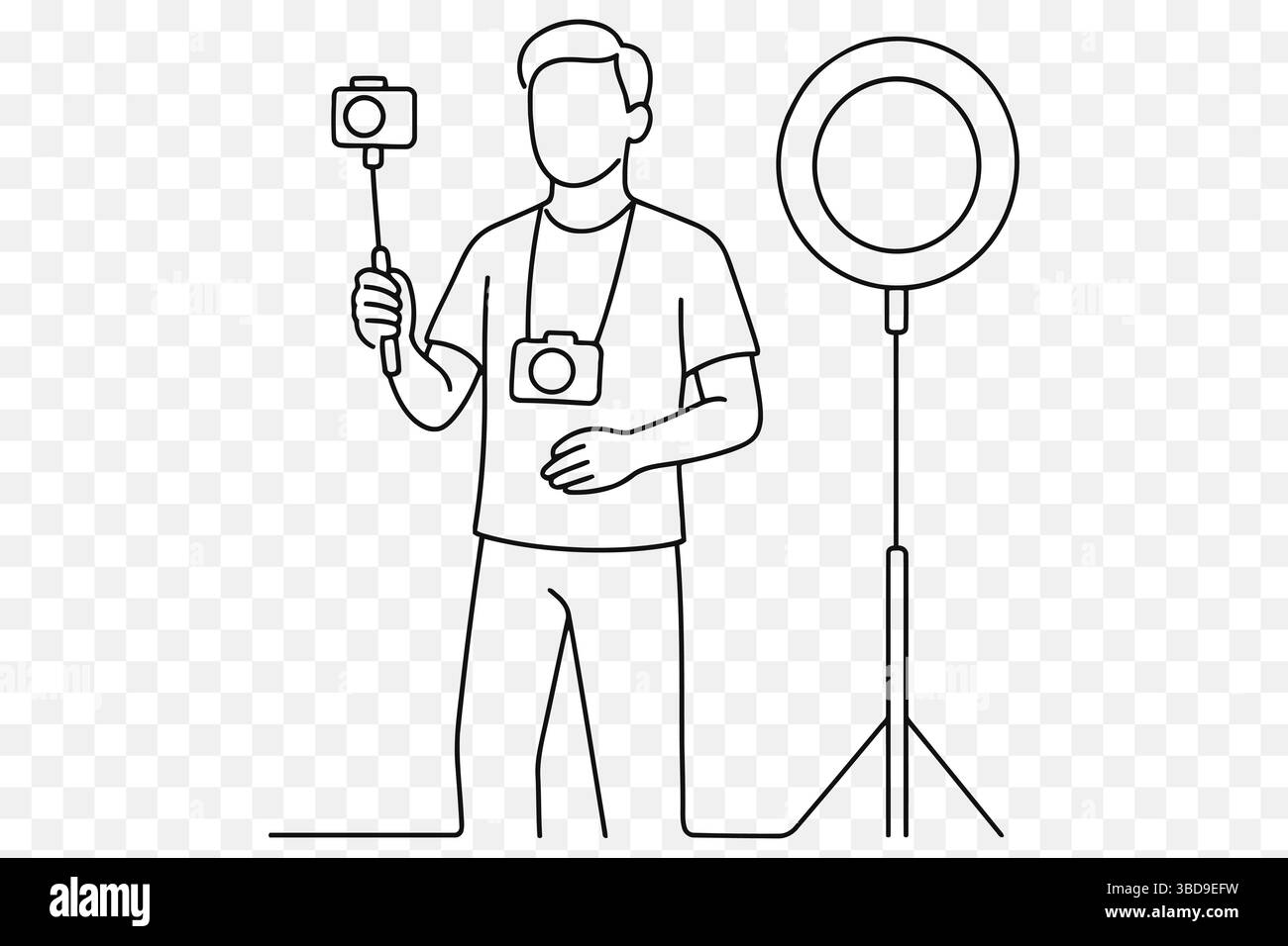 Männliche Vlogger Line Art – gesichtsloser Content Creator mit Kamera und Ringlicht – minimalistische Creator Economy Illustration Stock Vektor