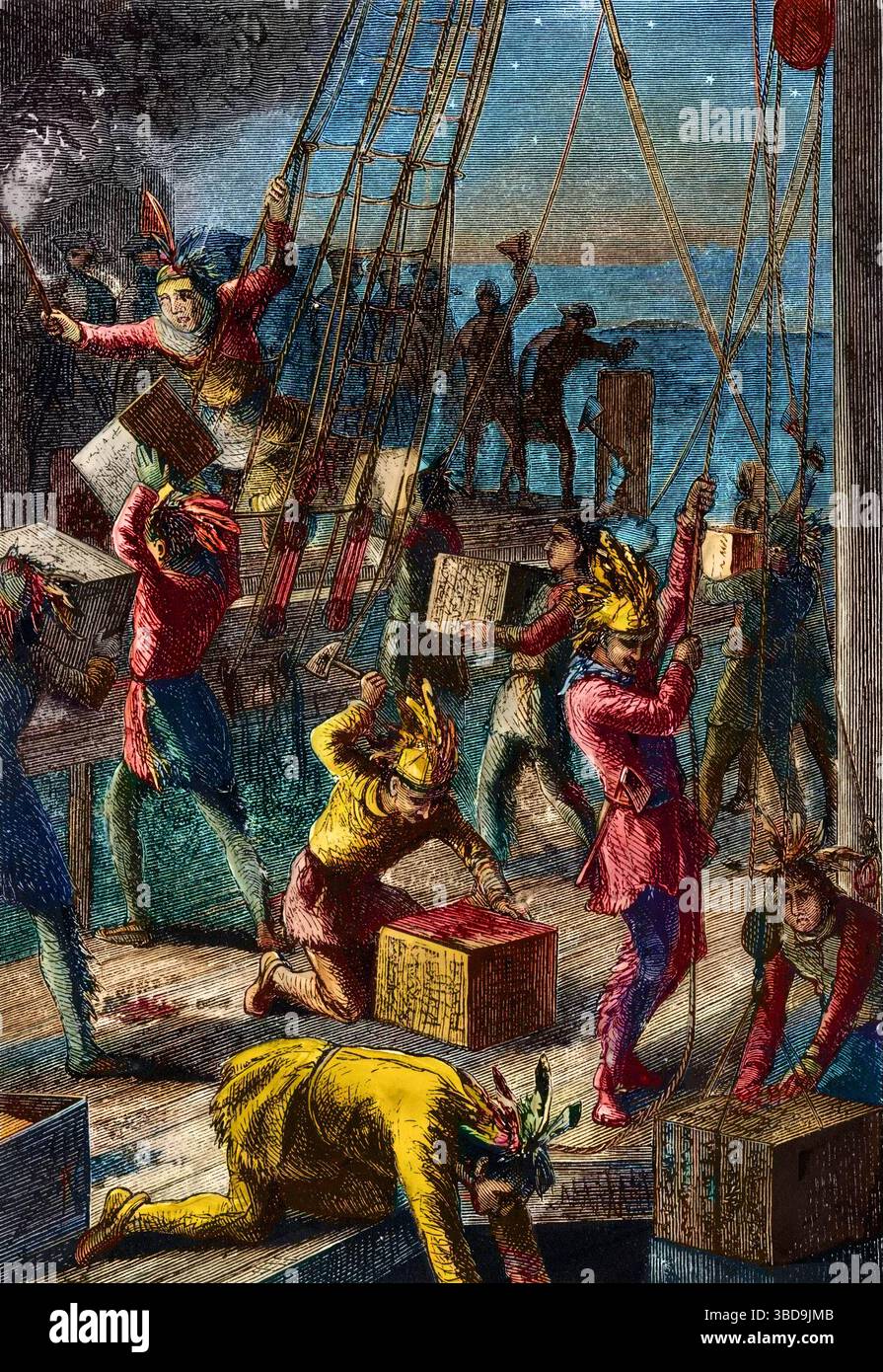 Zerstörung der Teeladung, bekannt als Boston Tea Party, 16. Dezember 1773 Stockfoto