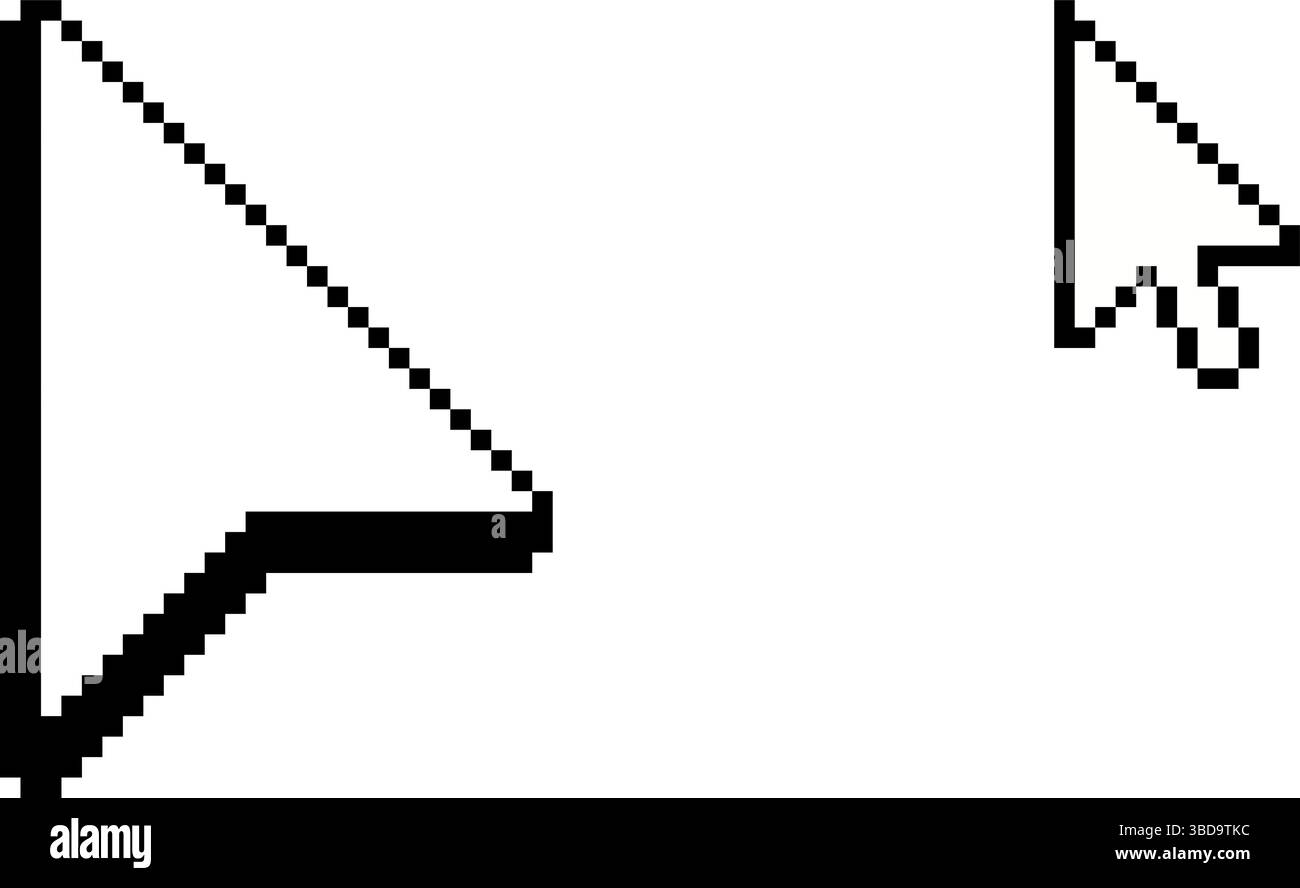 Pixelpfeil-Cursor im 8-Bit-Retro-Stil. Vektor-Computer-Maussymbole sind weiß isoliert. Klicken Sie auf die Zeigersymbole für Apps, Websites, Spiele-UI und Digita Stock Vektor