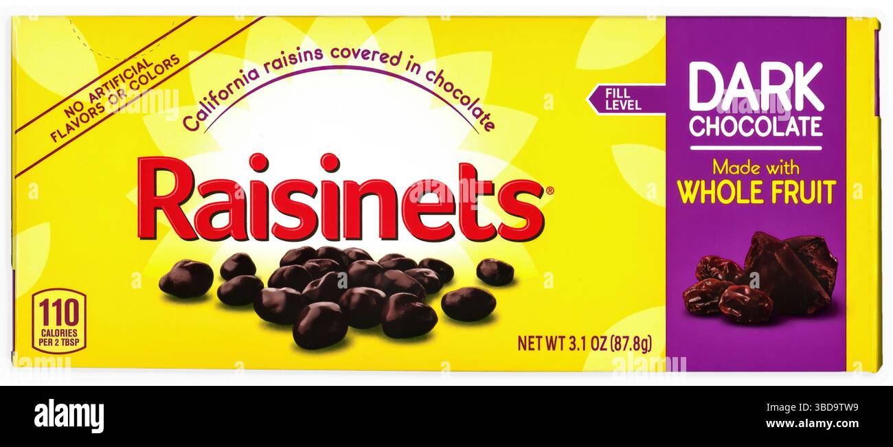 Rosinets: Dunkle Schokoladenvariante. Von mit Schokolade überzogenen Rosinen. Hergestellt von Ferrero. Stockfoto
