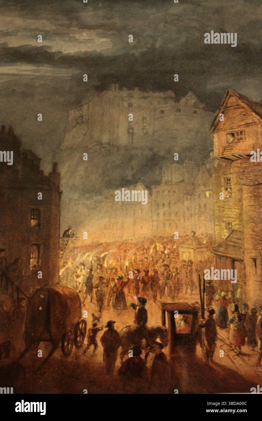 The Porteous Rios, gemalt von James Skene im Jahr 1818. Die Unruhen in Porteous umgaben die Aktivitäten von John Porteous, Captain der City Guard of Edinburgh, Schottland, der von einem Mob gelyncht wurde, weil er an der Ermordung unschuldiger Zivilisten beteiligt war, während er den Männern unter seinem Kommando befahl, während eines öffentlichen Aufhängens im Grassmarket, Edinburgh, im April 1736 eine Störung zu unterdrücken. Stockfoto