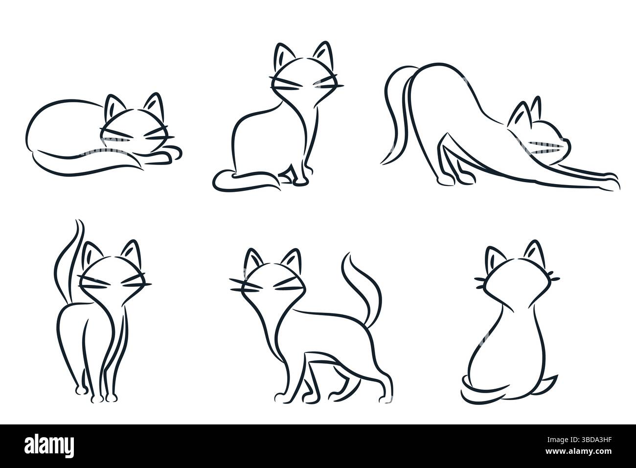 Abstrakte lineare Katzensilhouette in verschiedenen Posen. PET-Symbol, Logo-Emblem-Designvorlage. Vektorillustrationssatz. Konzept für Tierhandlungen oder Veteranen Stock Vektor