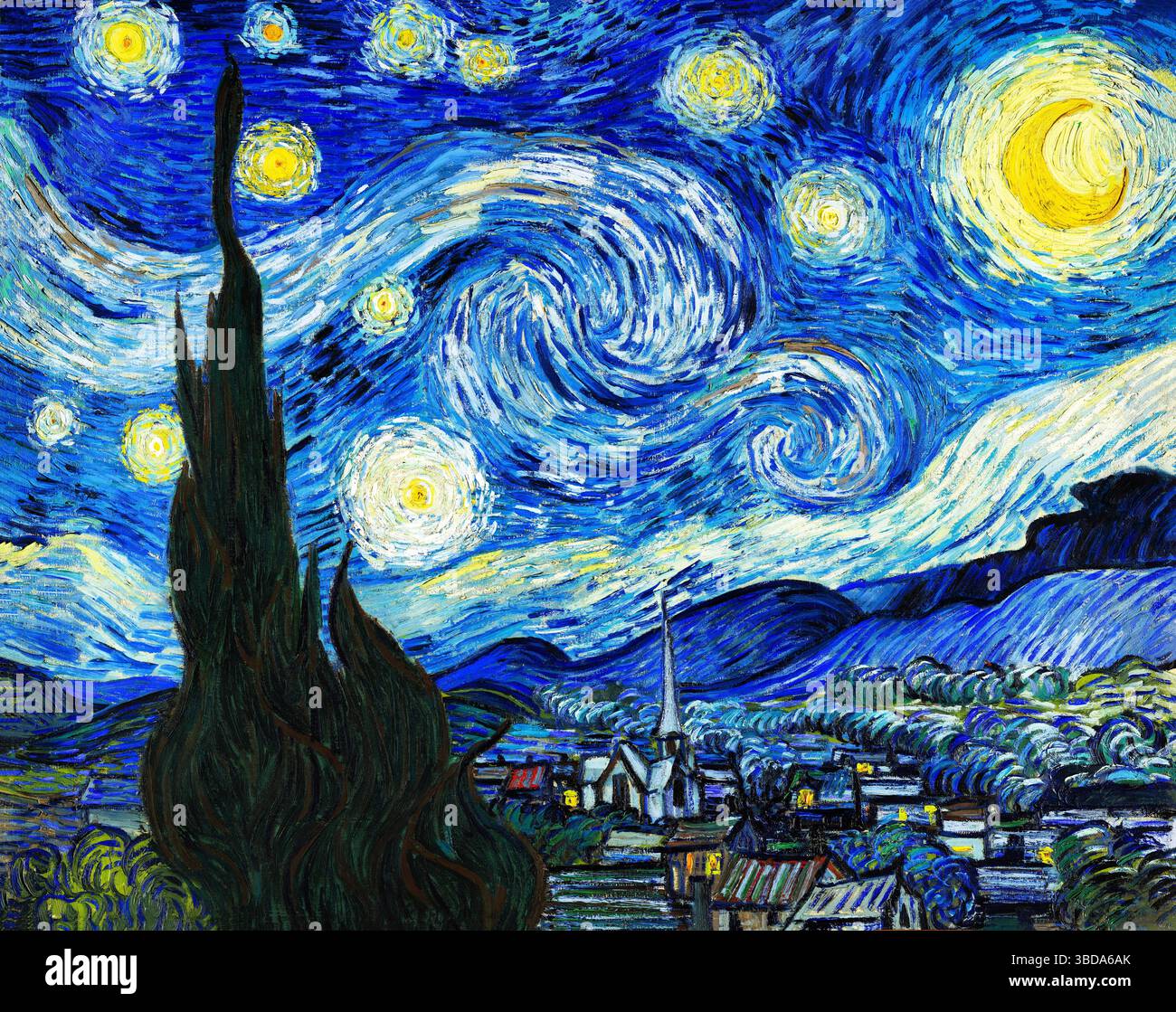 Van Goghs legendäre Sternennacht (1889) fängt den emotionalen Nachthimmel über Saint-Rémy mit wirbelnden Sternen, auffälligen Pinselstrichen und einem kosmischen Gefühl von W ein Stockfoto