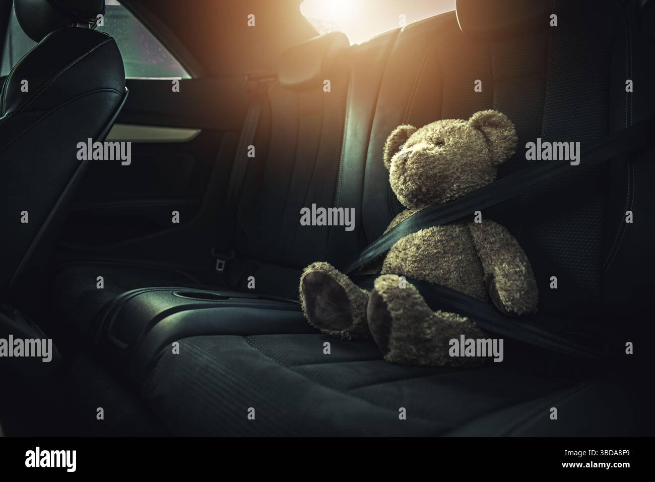 Ein Teddybär wird auf dem Rücksitz eines Autos angeschnallt, umgeben von weichen Lederpolstern, während die Sonne untergeht und ein warmes Licht in sich wirft. Stockfoto