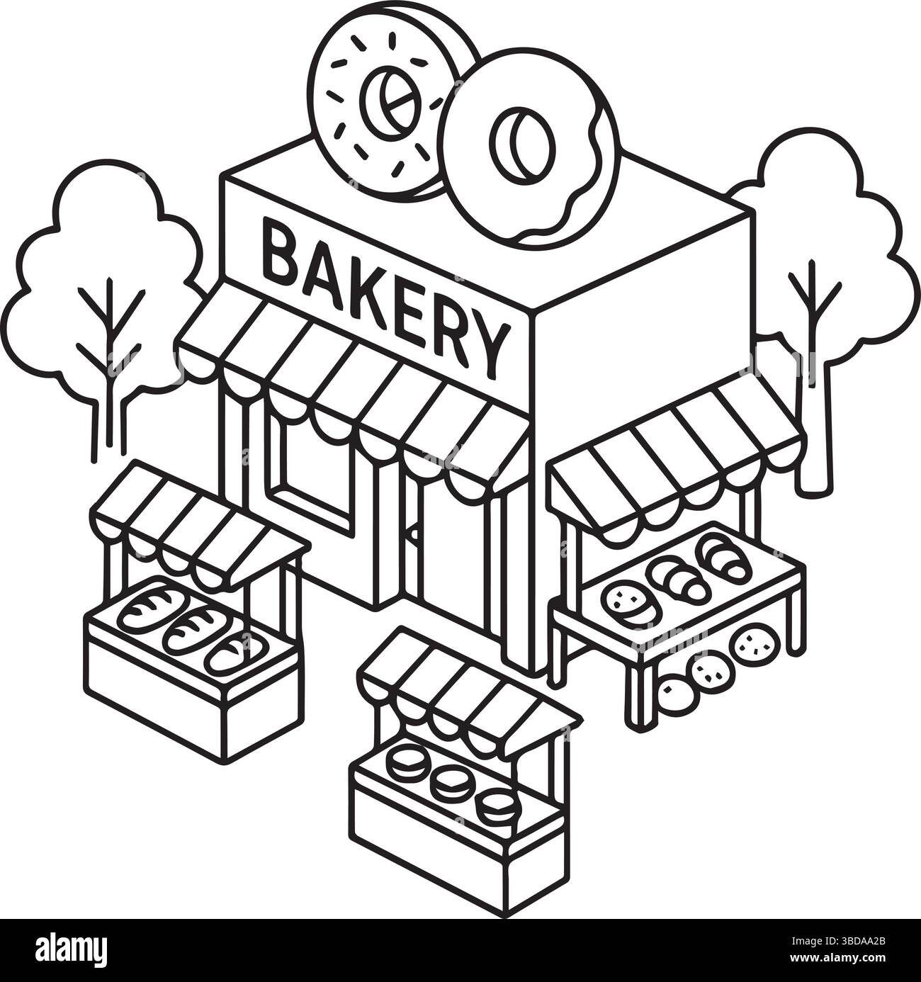 Eine detaillierte schwarz-weiße Zeichnung einer Bäckerei mit Donuts Stock Vektor