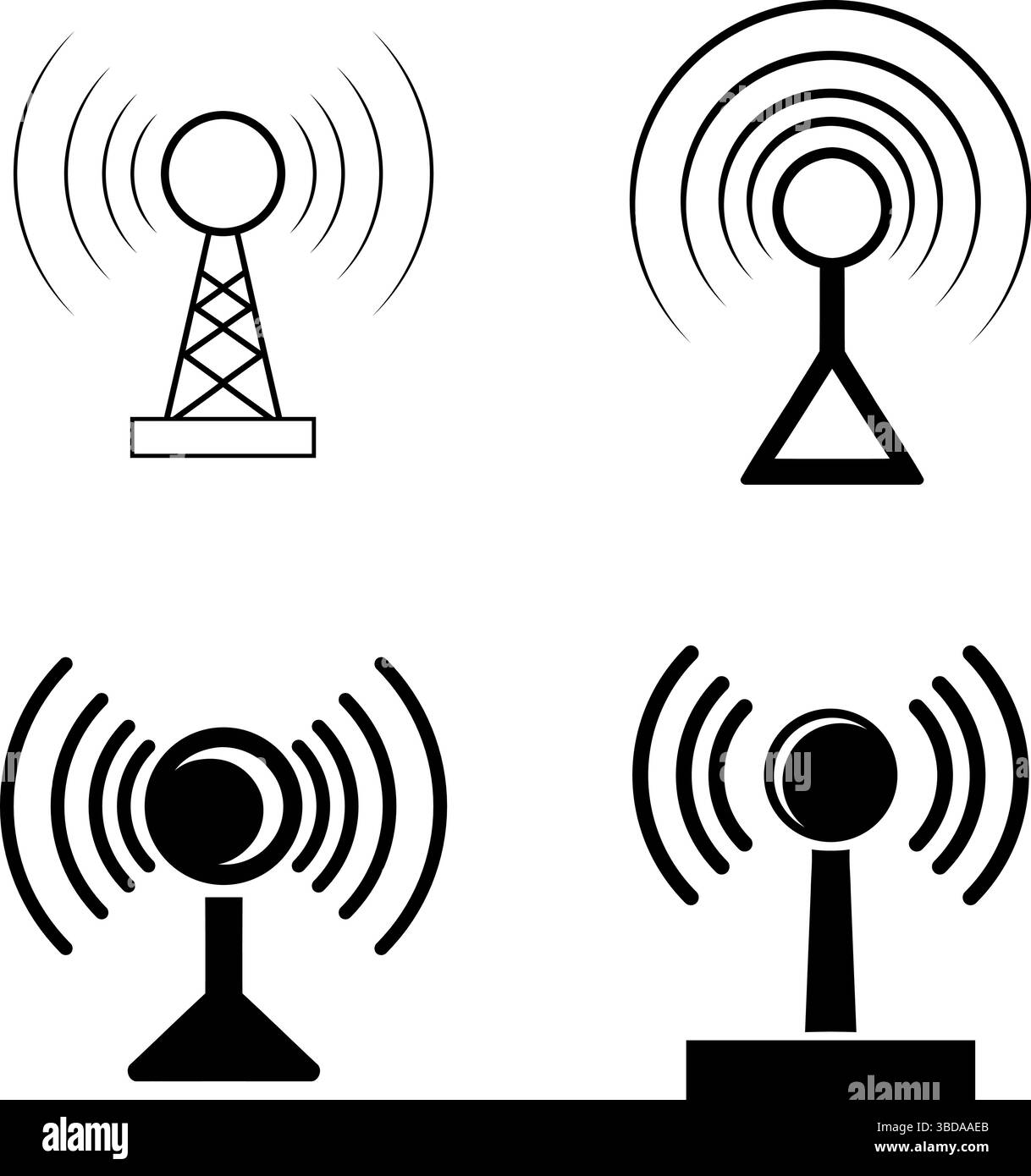 Satz mit vier Symbolen für drahtlose Antennen – Vektorillustration Stock Vektor