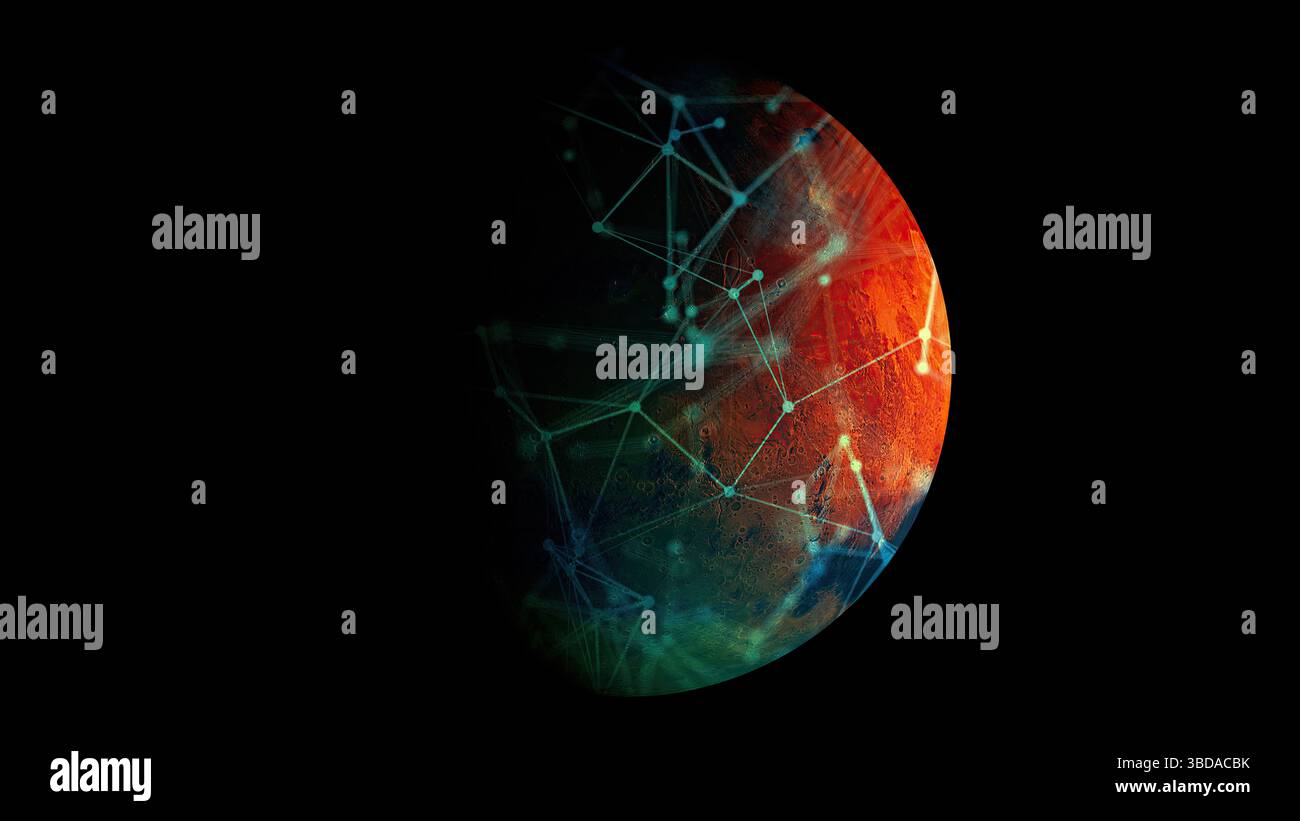 Mars mit Verbindungspunkten. Computergeneriertes 3D-Rendering Stockfoto