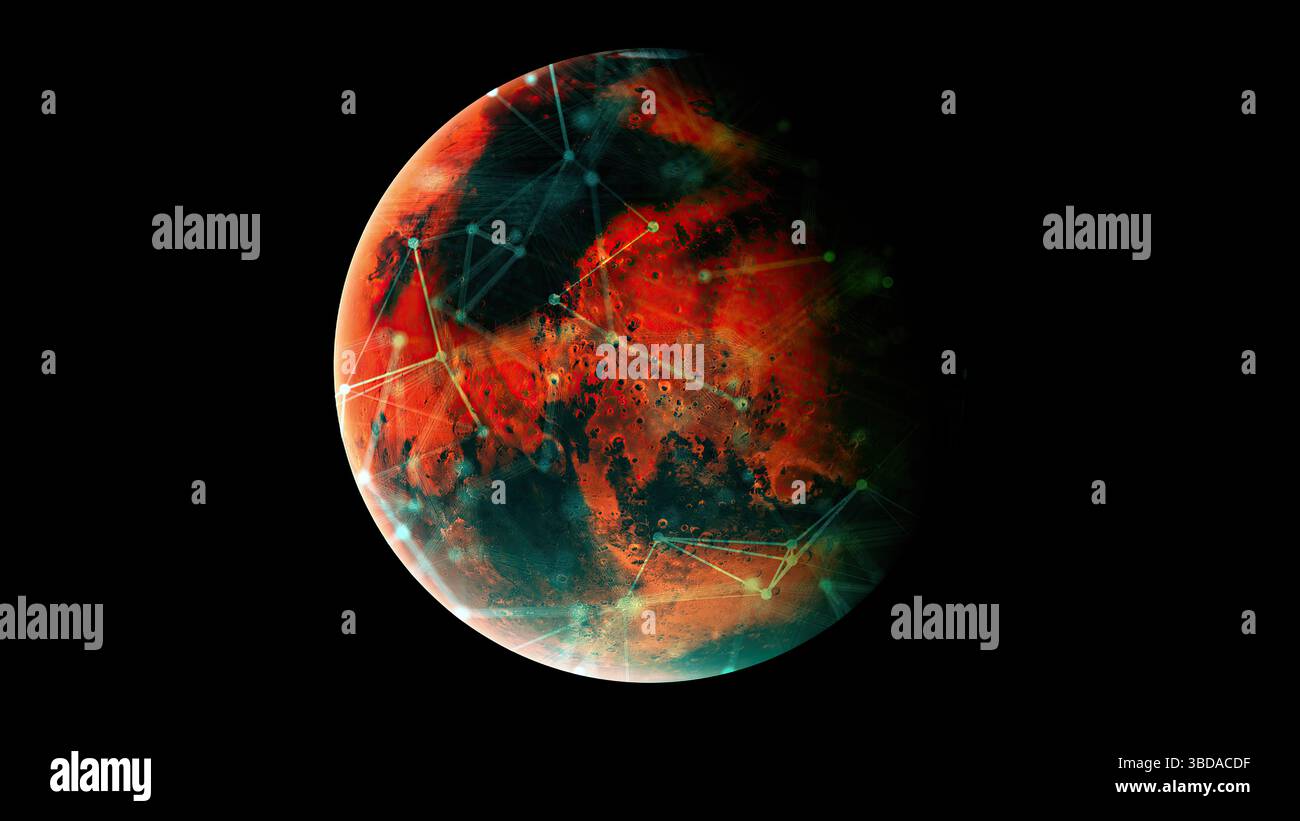 Mars mit Verbindungspunkten. Computergeneriertes 3D-Rendering Stockfoto