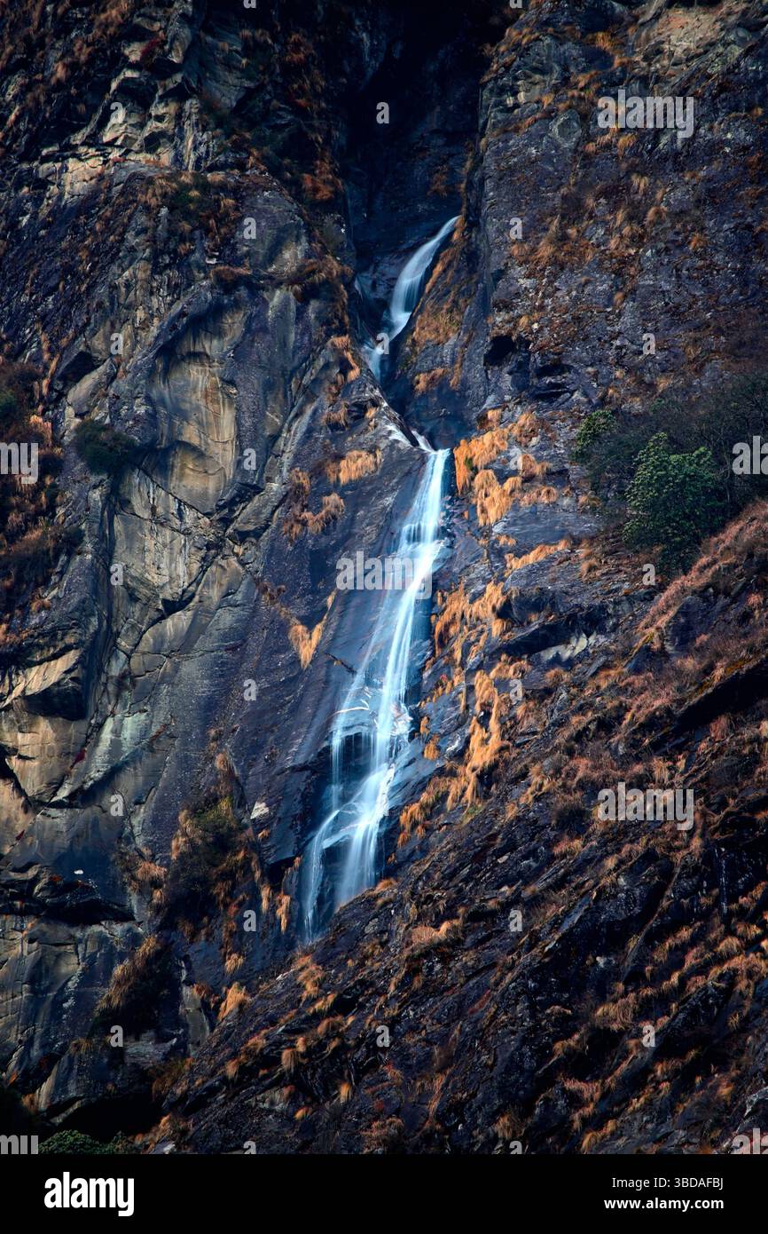 Ein Wasserstrom, der in den frühen Morgenstunden im Lachung-Tal, Sikkim, eine Bergmauer hinabsteigt. Stockfoto