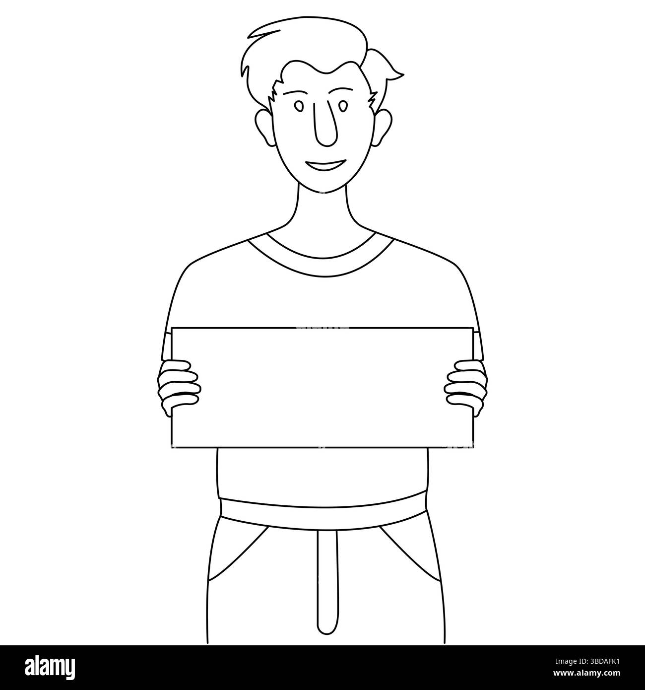 Ein Mann, der ein leeres Brett hält. Eine Cartoon-Illustration eines Mannes mit einem Kopierbrett. Ein lächelnder Mann, schwarz-weiße Linienzeichnung. Stock Vektor