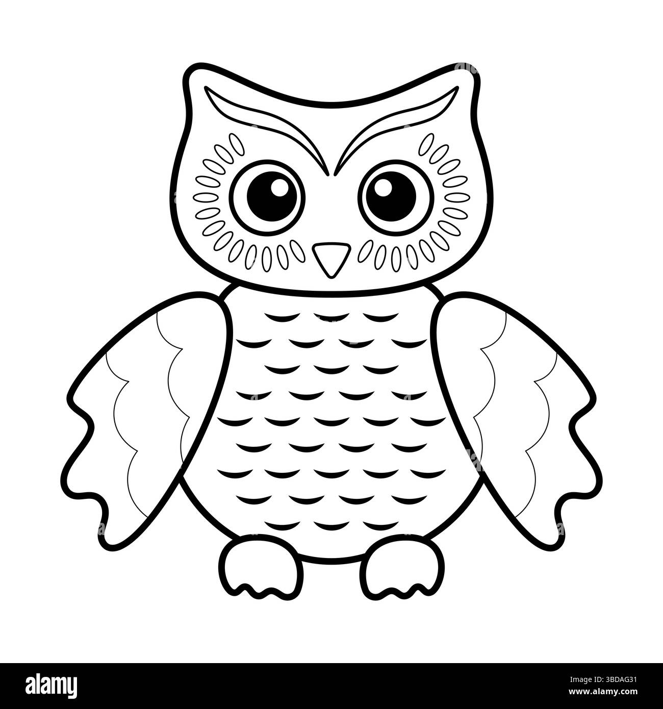 Entzückender Cartoon Owl Outline. Dies ist eine schwarz-weiße Linienzeichnung einer niedlichen Karikatureule mit einem symmetrischen, stilisierten Design. Stock Vektor