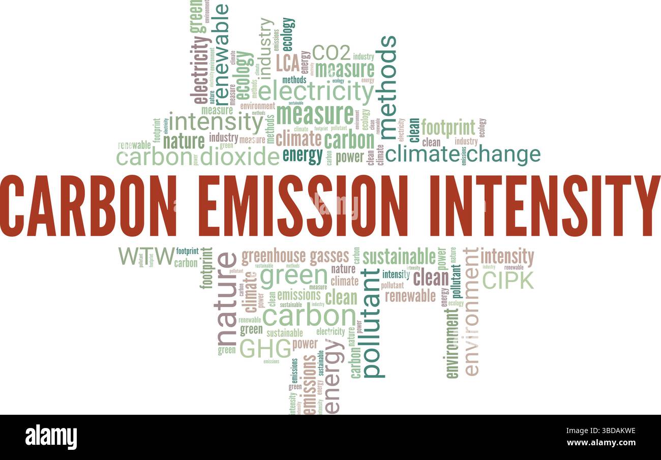 Konzeptionelles Design der CO2-Emissionsintensität der Wortwolke isoliert auf weißem Hintergrund. Stock Vektor