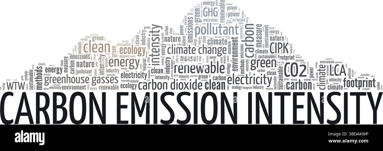 Konzeptionelles Design der CO2-Emissionsintensität der Wortwolke isoliert auf weißem Hintergrund. Stock Vektor