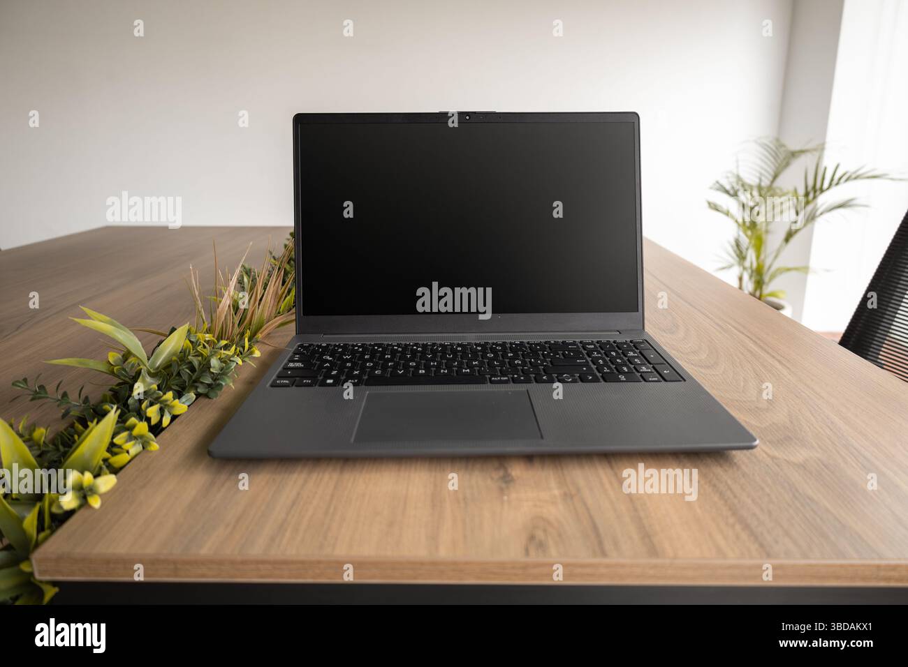 Ein elegantes Notebook befindet sich auf einem Schreibtisch aus Naturholz und vereint Technologie und rustikale Elemente des Arbeitsplatzes in einer modernen Büroumgebung. Stockfoto