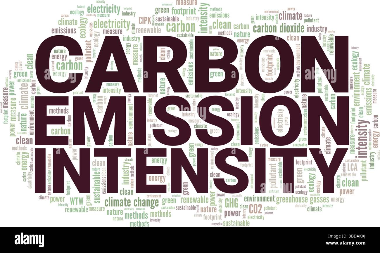 Konzeptionelles Design der CO2-Emissionsintensität der Wortwolke isoliert auf weißem Hintergrund. Stock Vektor