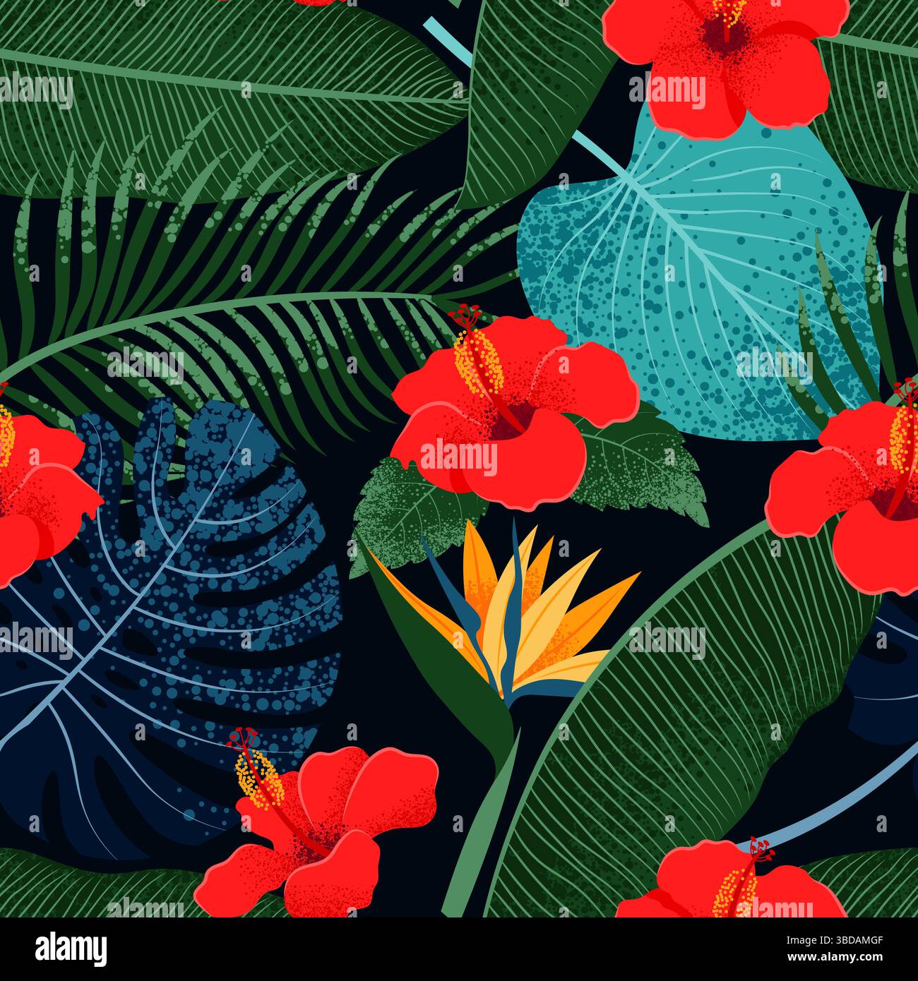 Tropische Blätter und Hibiskus- und Strelitzia-Blüten nahtloses Muster. Sommer Hintergrund. Vektorabbildung in abgewickelter Form Stock Vektor