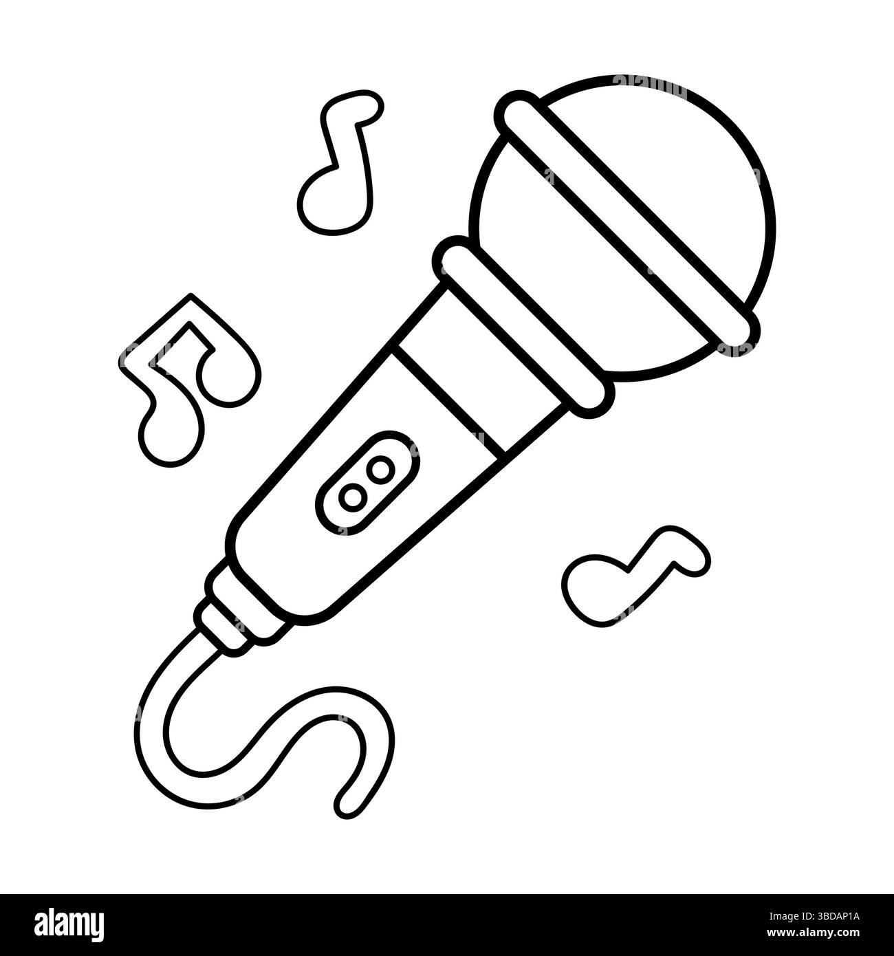 Mikrofon mit Notenkontur. Dieses Bild ist eine schwarz-weiße Linie mit einem Mikrofon mit Kabel, umgeben von Musiknotizen. Stock Vektor