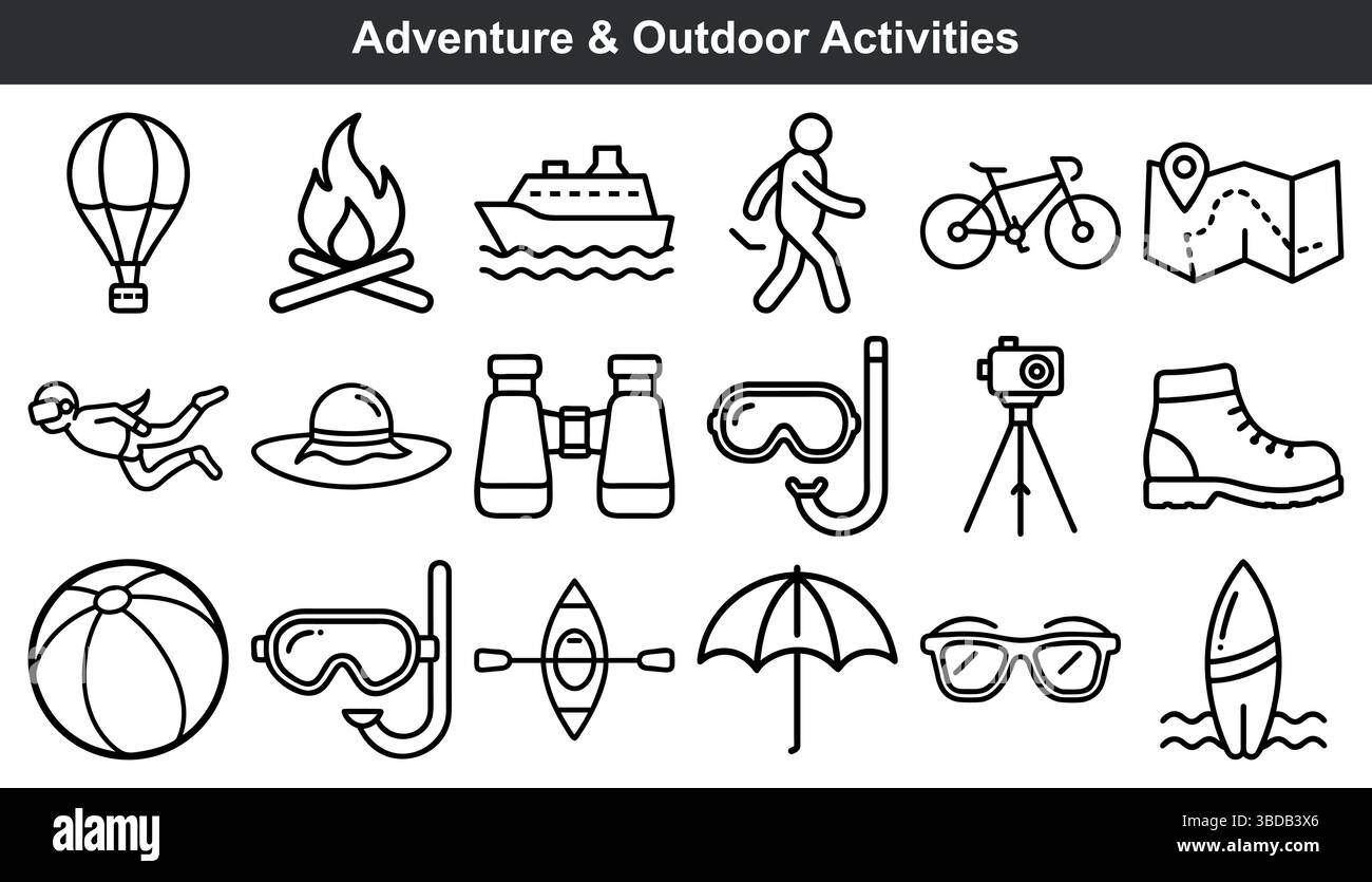Abenteuer Aktivitäten Ikonen Outdoor Erholung Reisen Erkundung Stock Vektor