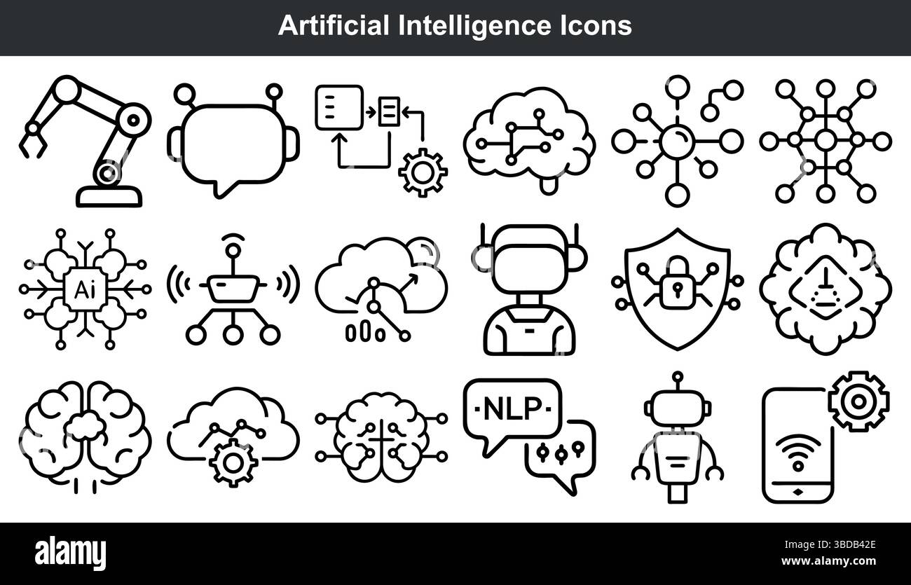 Symbole für künstliche Intelligenz setzen Symbole für maschinelles Lernen Stock Vektor