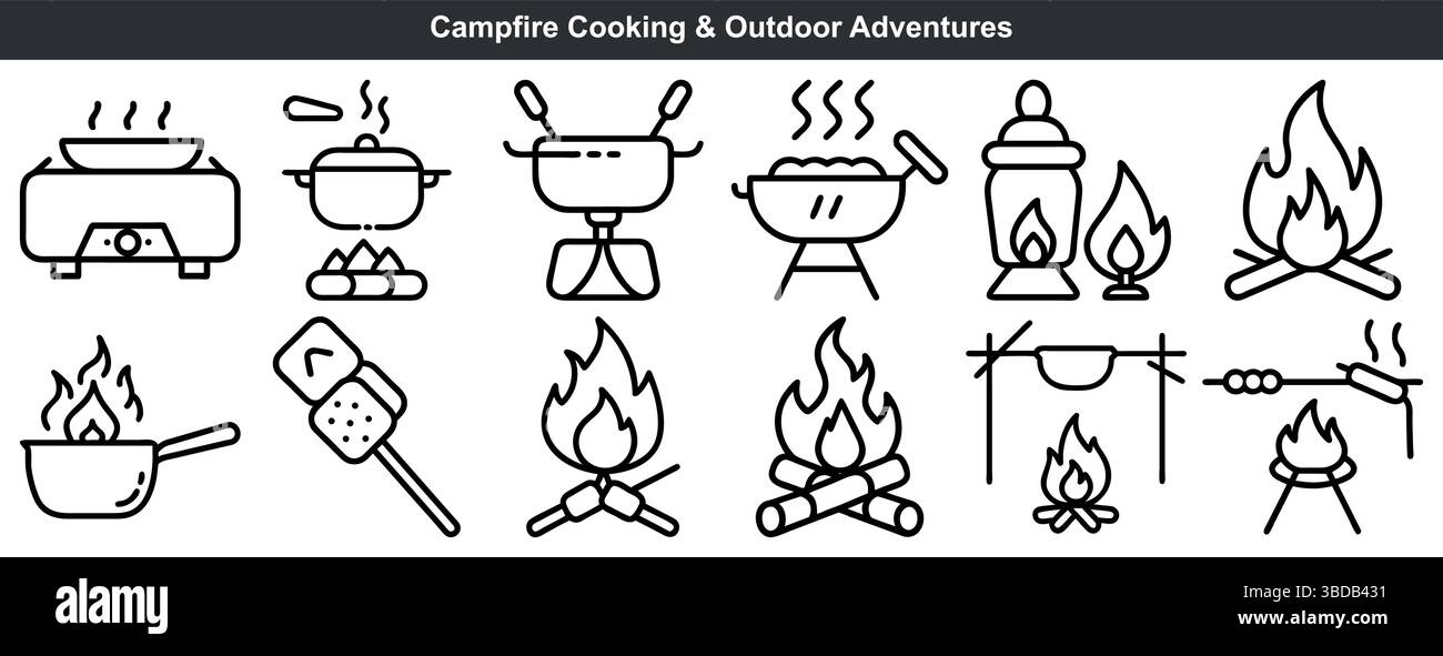 Lagerfeuer Kochen Ikonen Outdoor Abenteuer Essen Grill Marshmallows Stock Vektor