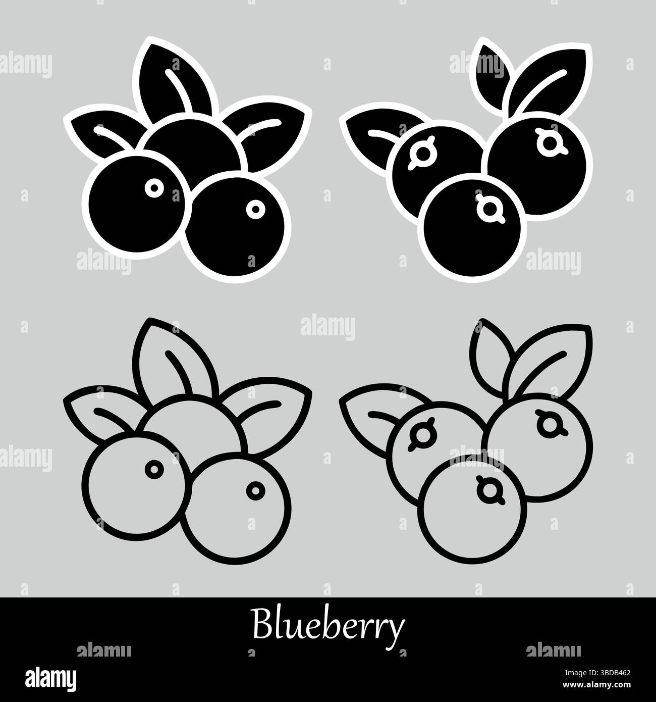 Blaubeersymbole Schwarzweiß-Illustrationen grafische Designelemente Stock Vektor