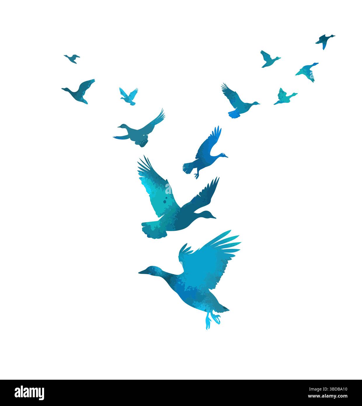 Eine Herde blauer Enten, die fliegen. Handzeichnung. Nicht AI. Vektorabbildung Stock Vektor