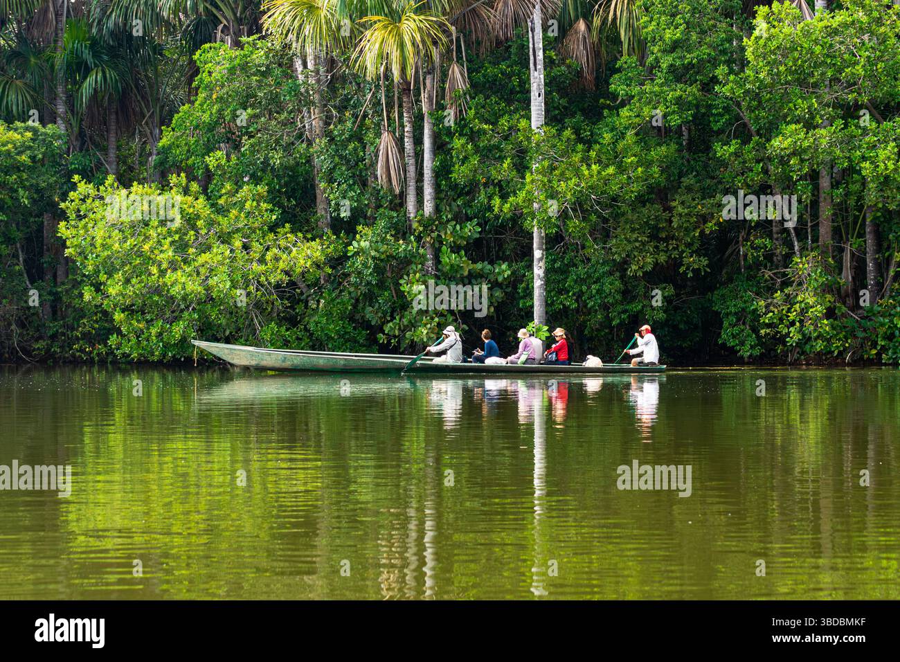 Menschen, die mit einem Boot auf dem Sandovalsee im peruanischen Amazonas-Regenwald segeln Stockfoto