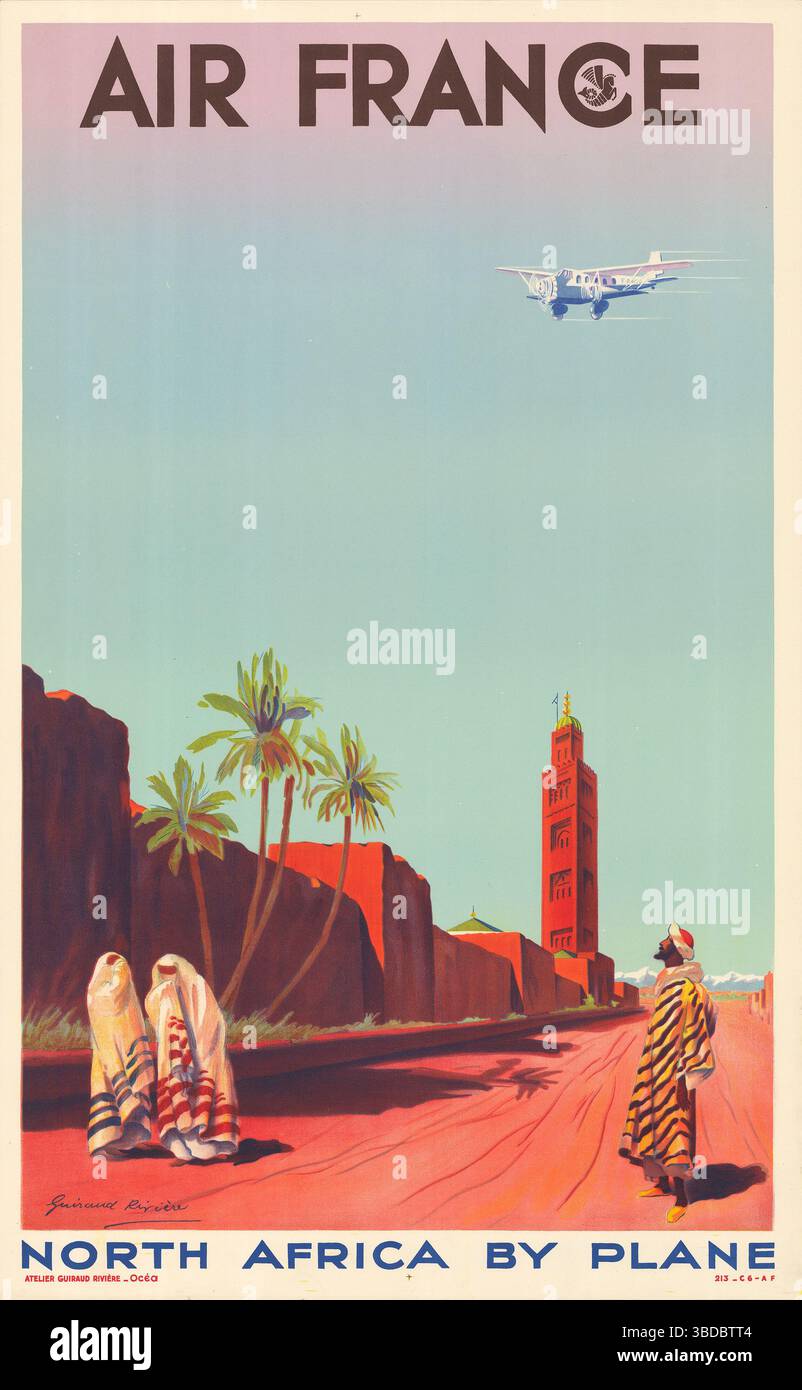 Air France – Nordafrika mit dem Flugzeug. Französisches Vintage-Werbeplakat von Maurice Guiraud-Rivière, 1935 Stockfoto