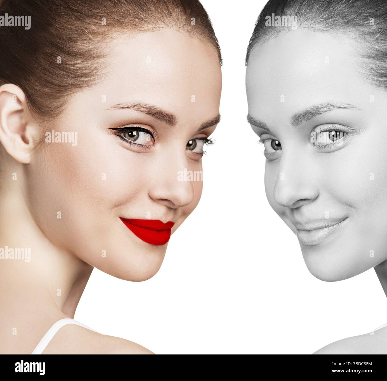 Vergleichsprofil der jungen Frau mit und ohne Make-up Stockfoto