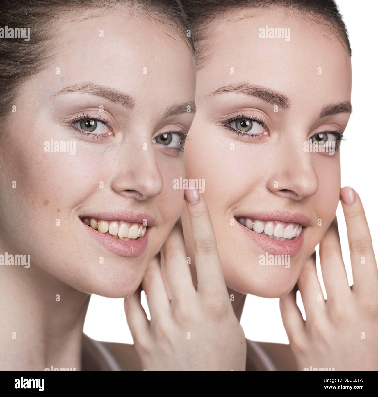 Vergleich-Porträt einer Frau ohne und mit Make-up Stockfoto