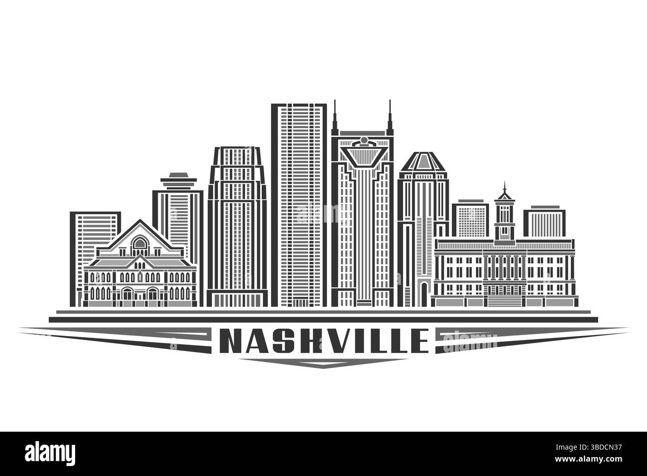 Vektor-Illustration von Nashville, monochrome horizontale Karte mit linearem Design nashville Stadtlandschaft, nationale städtische Linie Kunstkonzept mit dekorativen Stock Vektor