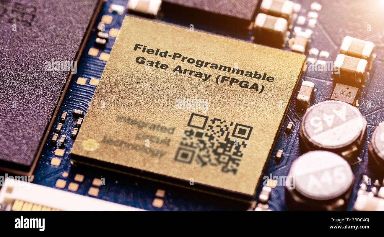 Field-Programmable Gate Array (FPGA). Rekonfigurierbarer Mikrochip für die Implementierung benutzerdefinierter digitaler Schaltungen. Stockfoto