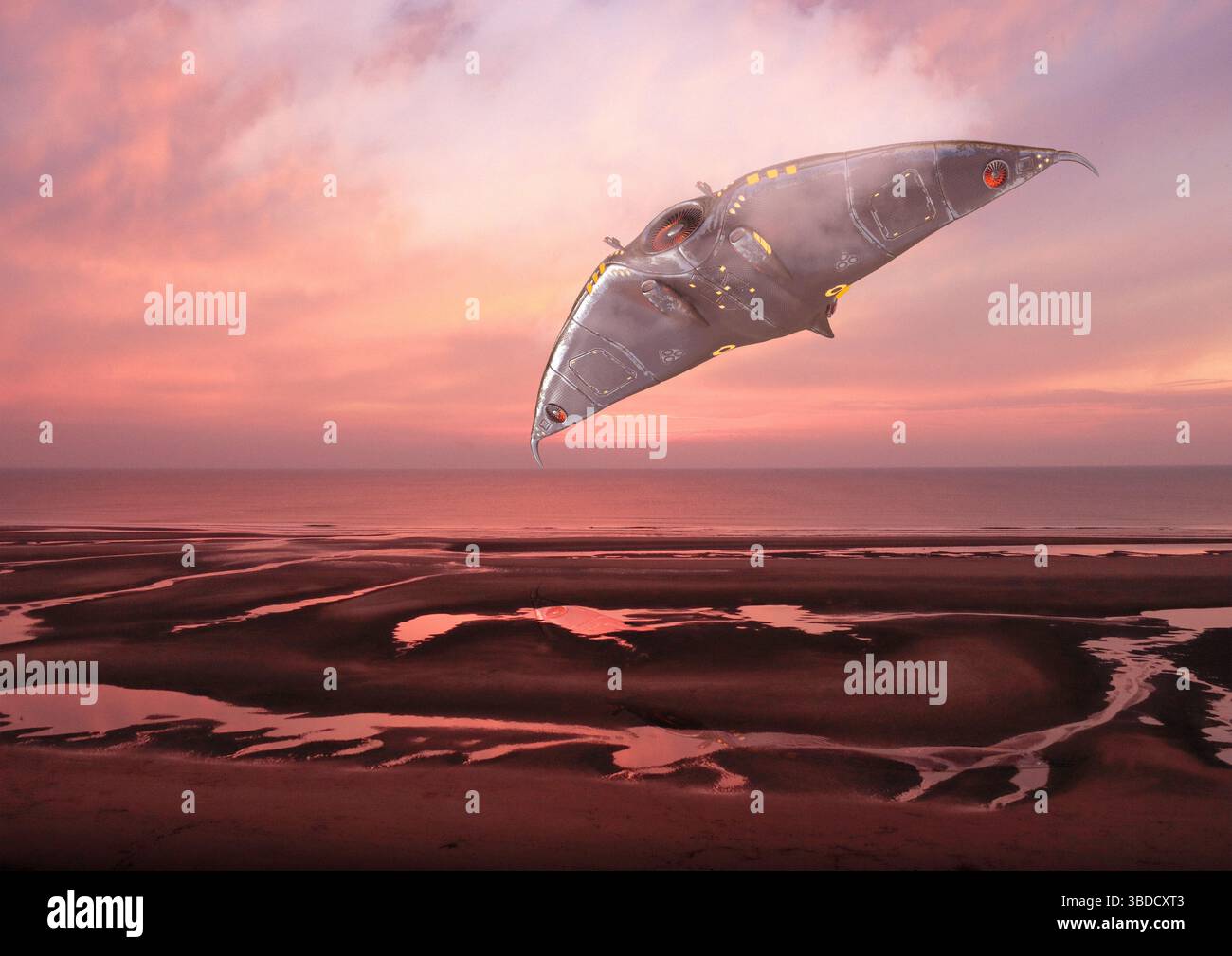 Darstellung eines unbekannten Luftphänomens (UAP) über einer Uferlinie. Stockfoto