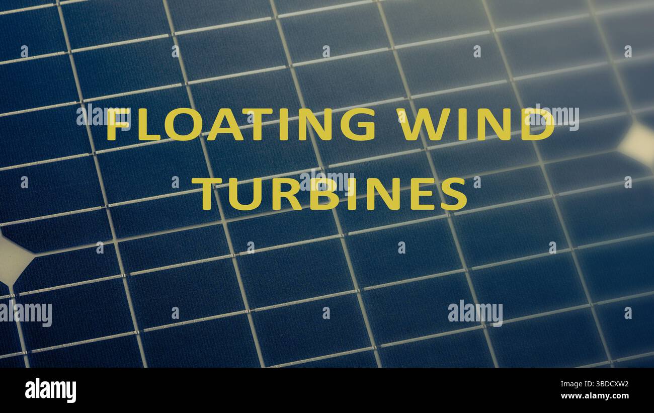 Schwimmende Windturbinen. Windturbinen, die auf schwimmenden Plattformen in tiefen Gewässern installiert sind, wo herkömmliche Offshore-Turbinen nicht realisierbar sind. Stockfoto
