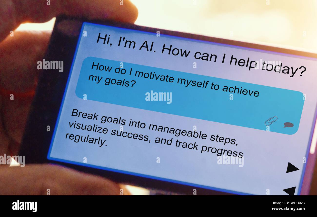 Frage zur künstlichen Intelligenz auf dem Smartphone-Bildschirm. Wie motiviere ich mich selbst, meine Ziele zu erreichen? Stockfoto