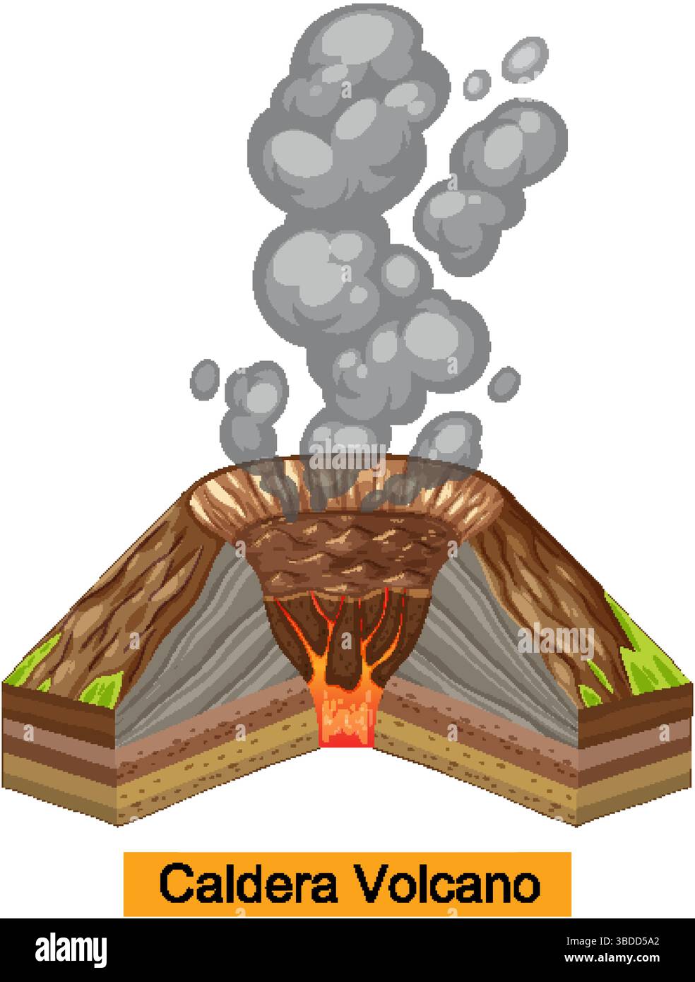 Detaillierte Vektor-Illustration eines Caldera-Vulkanquerschnitts mit lebhaften Farben und klaren geologischen Schichten Stock Vektor