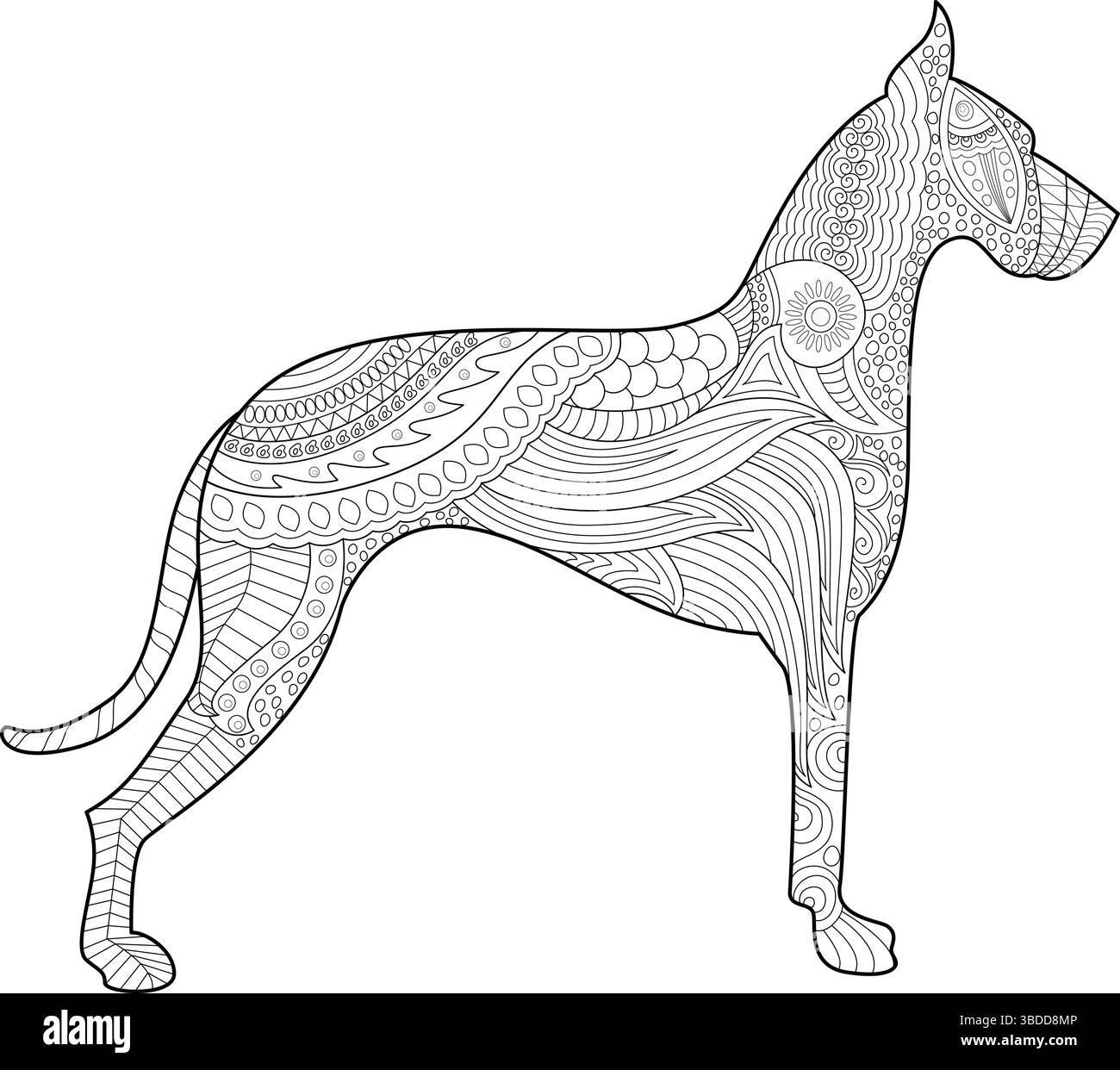 Komplizierte Strichkunstillustration eines Dosenhundes im zentangle-Stil, perfekt für Erwachsene Malbücher, Entspannung, Basteln und dekoratives Design. Stock Vektor